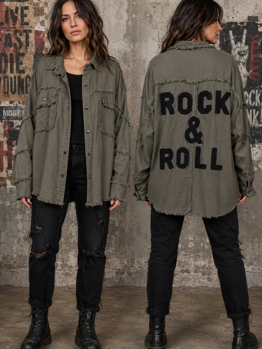Élan Olive Green Rock & Roll Distressed Shacket Size Medium